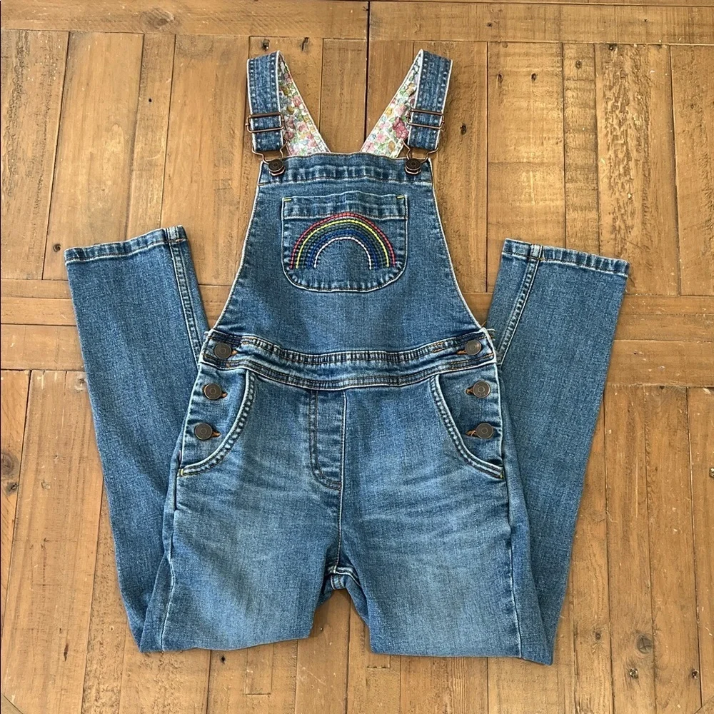 Mini boden rainbow embroidered denim overalls girls 8-9 years